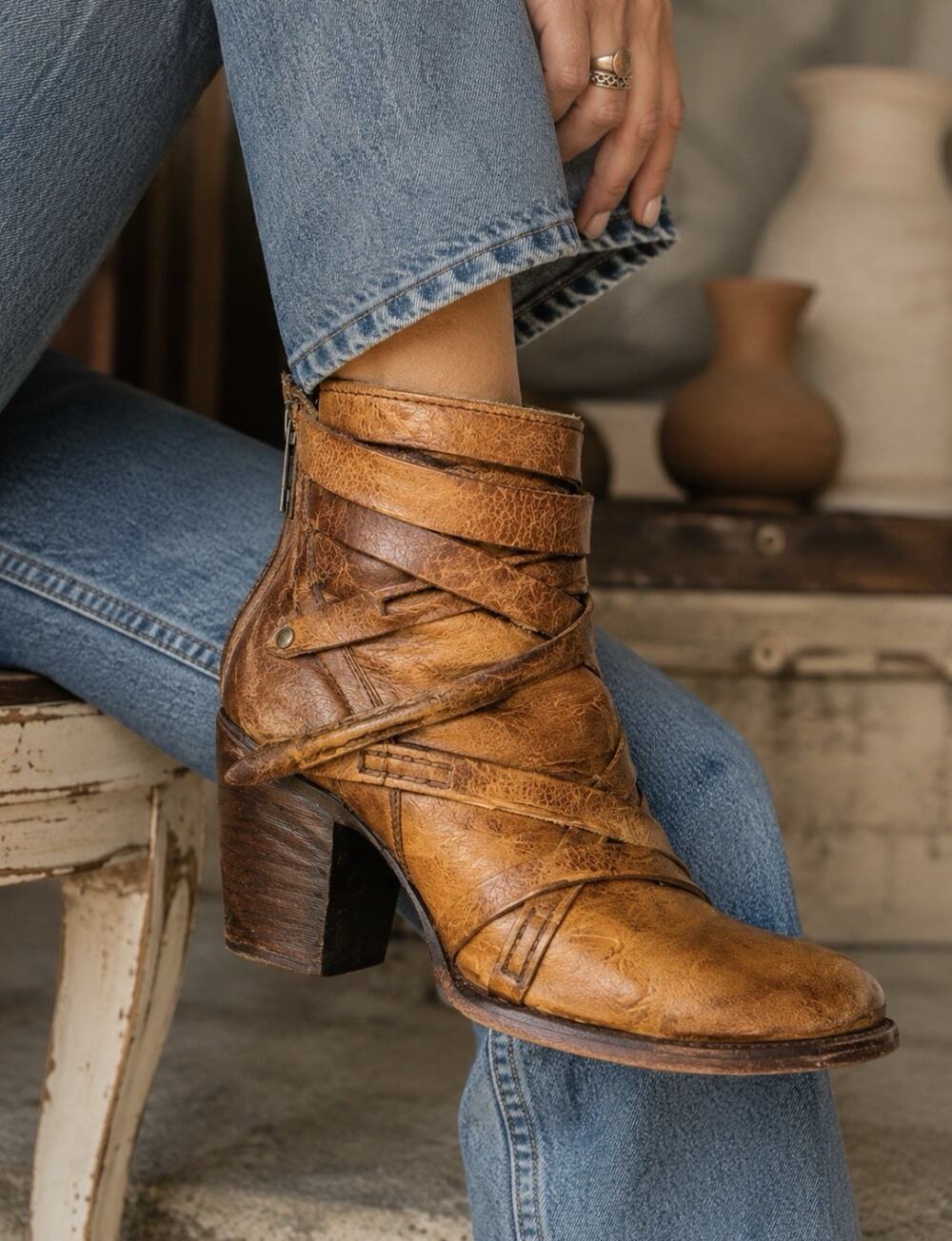 Freebird GEMA Booties Boots Size 8 Cognac Brn All Leather Side Zip Distressed